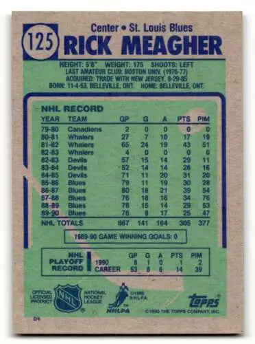 1990 Topps #125 Rick Meagher St. Louis Blues Hockey Card with original gloss