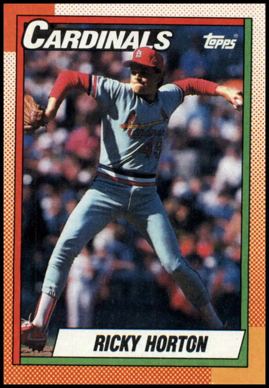 1991 Topps baseball card of Ricky Horton, St. Louis Cardinals pitcher in delivery