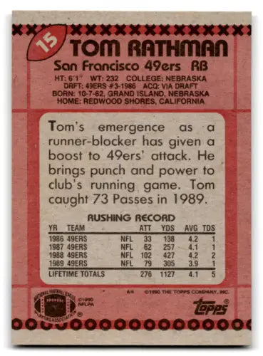 Tom Rathman football card 1990 Topps #15 original gloss near mint 49ers collectible