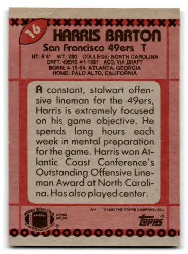 Harris Barton football card in original gloss, 1990 Topps NM mint 49ers collectible