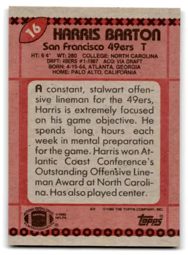 1990 Topps #16 Harris Barton NM football card with original gloss for mint 49ers fans