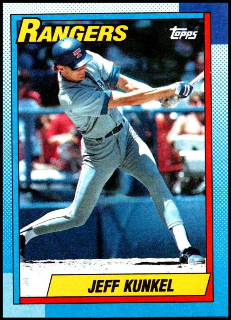 1990 Topps Jeff Kunkel baseball card featuring Texas Rangers player swinging bat