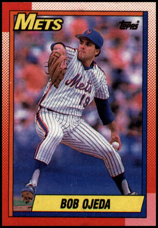 1990 Topps Bob Ojeda baseball card featuring New York Mets pitcher mid-delivery