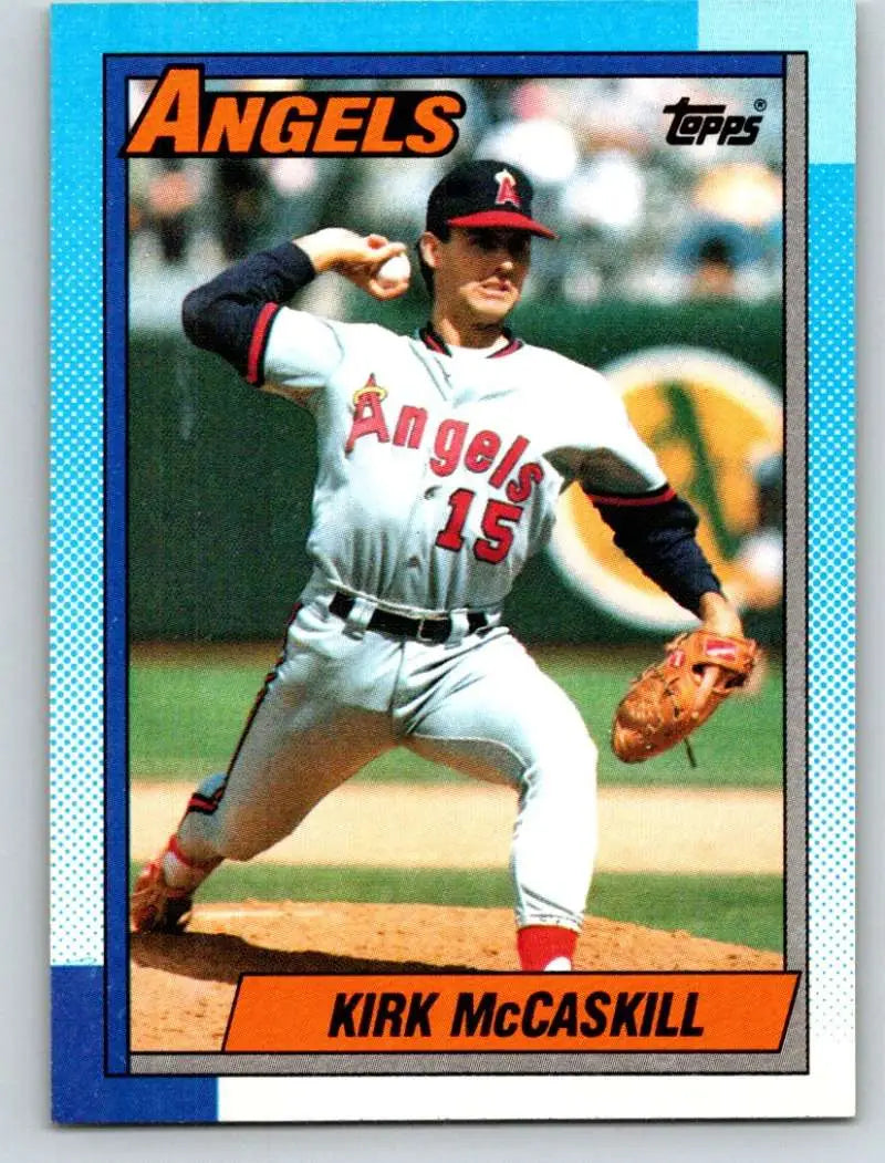 1990 Topps baseball card of Kirk McCaskill, California Angels pitcher mid-throw