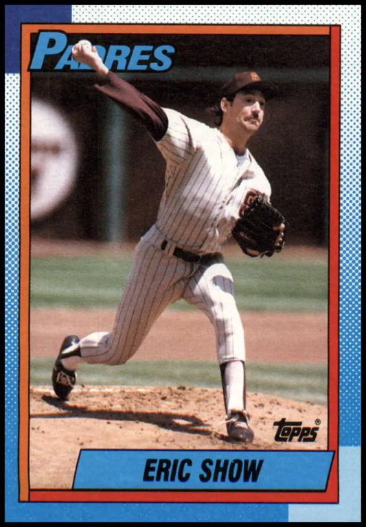 San Diego Padres pitcher Eric Show in pinstriped uniform delivering a pitch