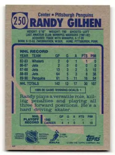 1990 Topps #250 Randy Gilhen Pittsburgh Penguins Hockey Card with original gloss