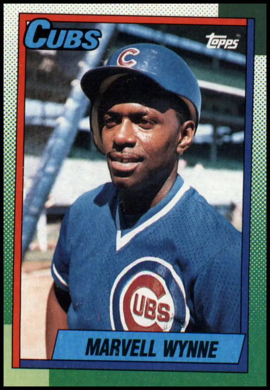 1990 Topps Marvell Wynne baseball card featuring Chicago Cubs player in blue uniform