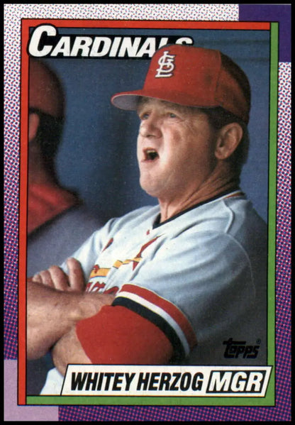 Baseball card of Whitey Herzog, St. Louis Cardinals manager in red cap and white uniform