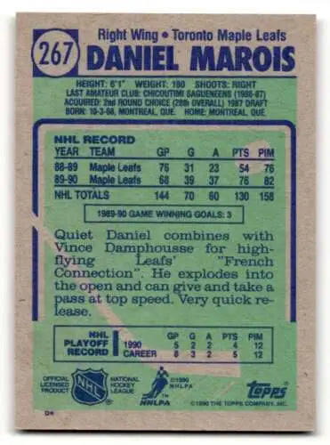 1990 Topps #267 Daniel Marois Toronto Maple Leafs Hockey Card with original gloss