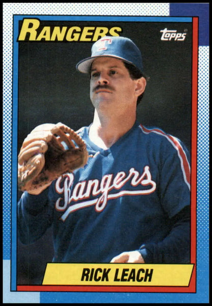 1990 Topps #27 Rick Leach Texas Rangers Baseball Card featuring pitcher in blue uniform