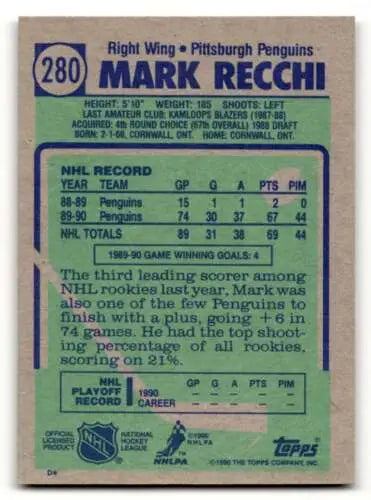 1990 Topps #280 Mark Recchi Pittsburgh Penguins Hockey Card with original gloss