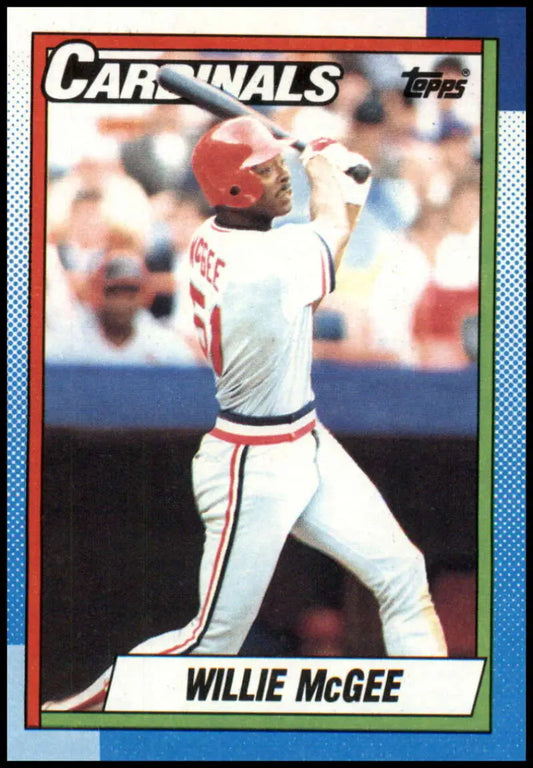 1990 Topps baseball card of Willie McGee in batting stance for St. Louis Cardinals