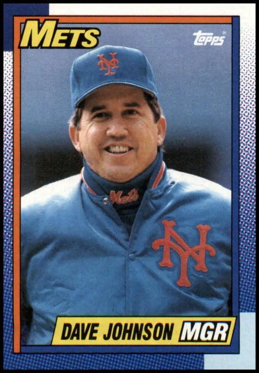 Baseball card of Dave Johnson in New York Mets jacket and cap