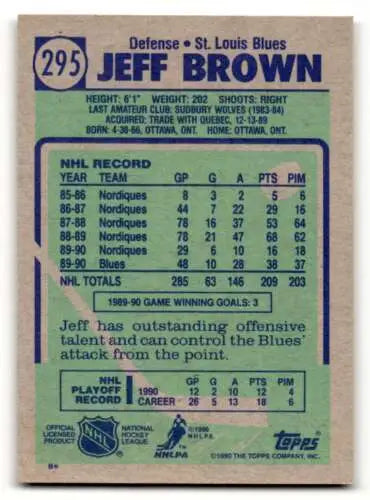 1990 Topps #295 Jeff Brown St. Louis Blues Hockey Card with original gloss finish