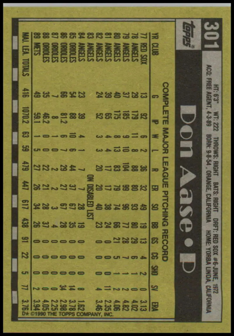 Baseball card of Don Aase featuring player stats on a yellow-green background