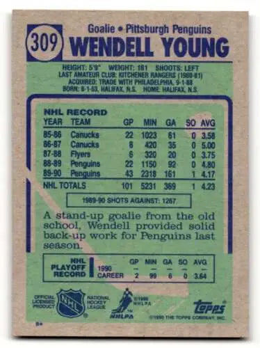 Wendell Young Pittsburgh Penguins hockey card 1990 Topps original gloss collectible