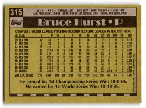 Vintage baseball card back of 1990 Topps Bruce Hurst San Diego with original gloss