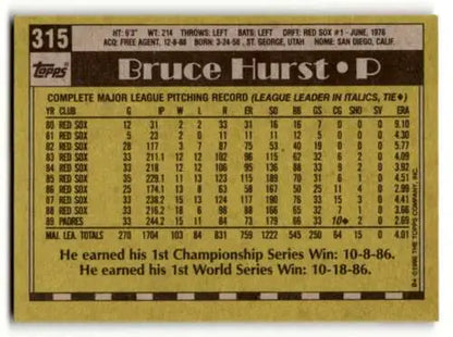 Vintage baseball card back of 1990 Topps Bruce Hurst San Diego with original gloss