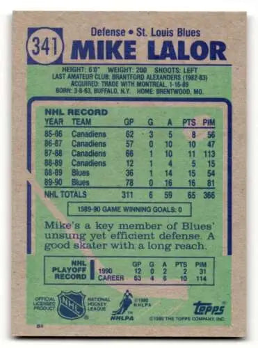 Mike Lalor 1990 Topps #341 original gloss Louis Blues hockey card NM condition