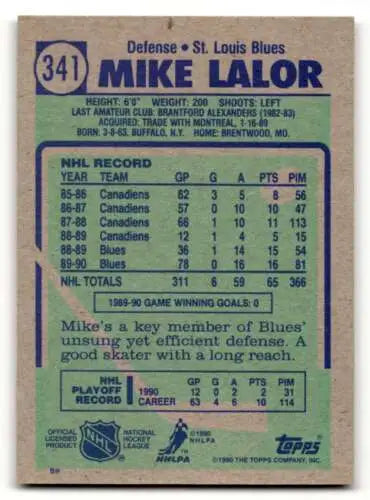 Mike Lalor 1990 Topps #341 original gloss Louis Blues hockey card NM condition