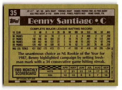 Benny Santiago San Diego baseball card back with original gloss from 1990 Topps