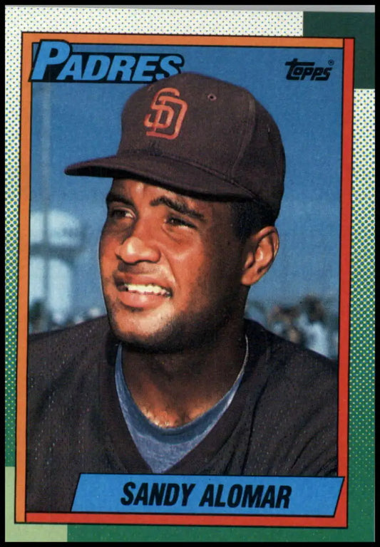 Baseball card of Sandy Alomar, San Diego Padres player in team uniform and cap