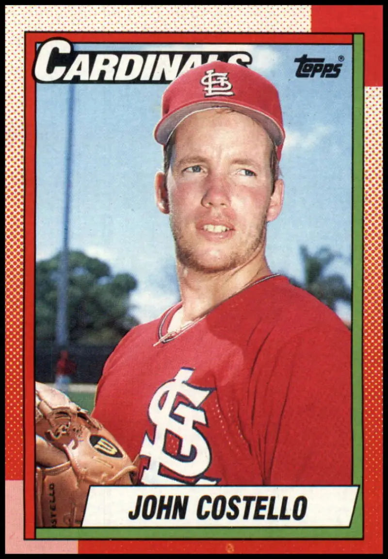 1990 Topps baseball card of John Costello in St. Louis Cardinals red uniform