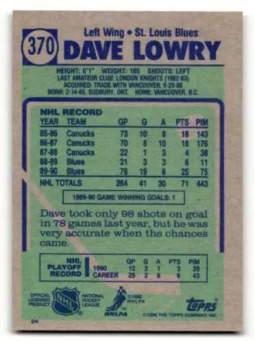 1990 Topps #370 Dave Lowry St. Louis Blues hockey card with original gloss finish