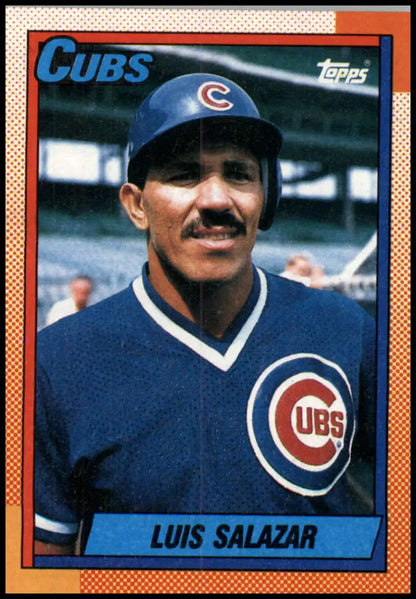 1990 Topps baseball card of Luis Salazar in a Chicago Cubs uniform with logo