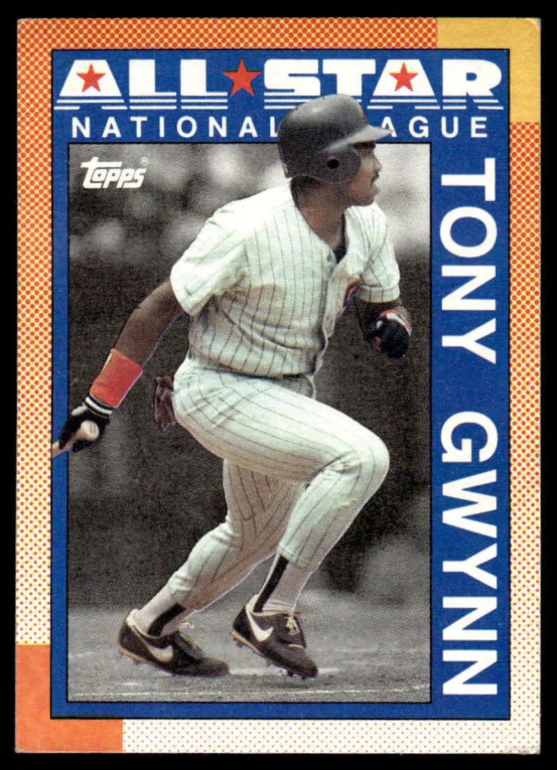 Baseball card of Tony Gwynn in San Diego Padres pinstriped uniform at bat