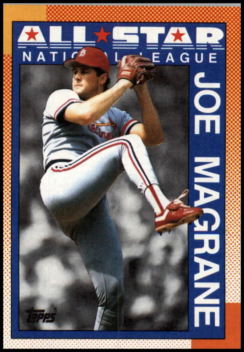 Baseball card of Joe Magrane pitching for the St. Louis Cardinals in mid-delivery