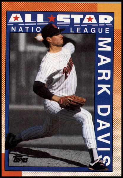 Baseball card of Mark Davis pitching in a pinstriped uniform for San Diego Padres