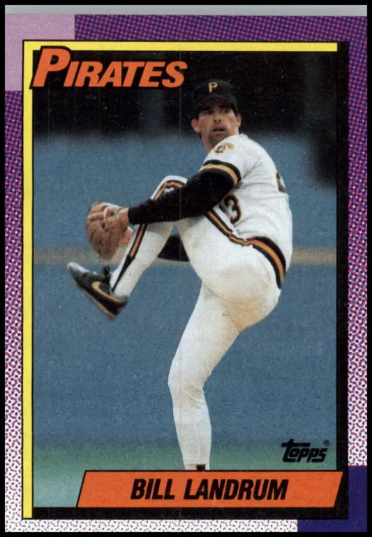 Pittsburgh Pirates baseball card featuring pitcher Bill Landrum in mid-delivery