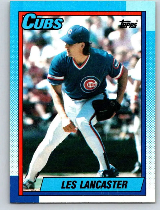 1990 Topps Les Lancaster Baseball Card featuring Chicago Cubs pitcher in navy uniform