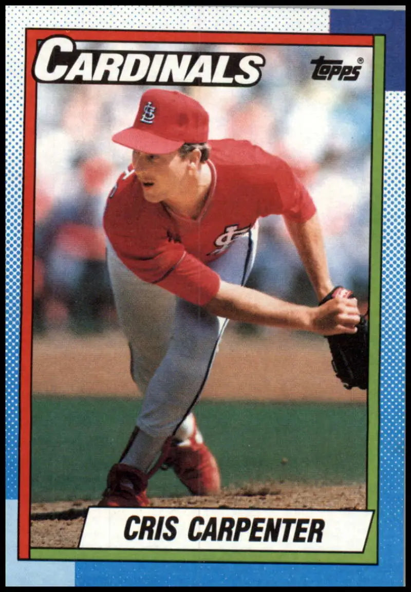 Cris Carpenter delivering in red uniform on 1990 Topps St. Louis Cardinals baseball card