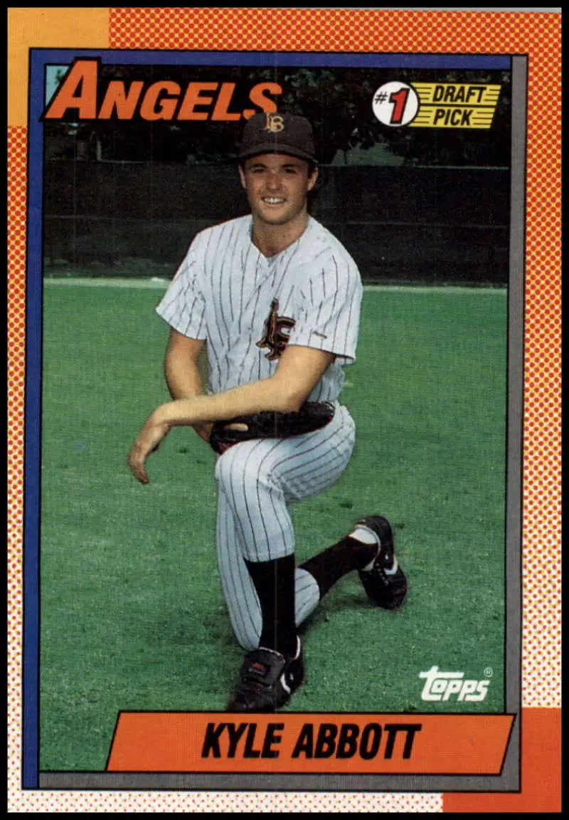 Kyle Abbott kneeling in pinstriped uniform on 1990 California Angels baseball card