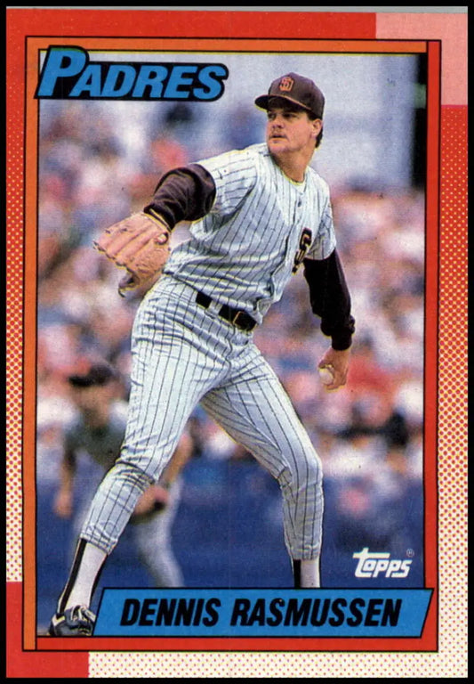 1990 Topps Dennis Rasmussen baseball card of San Diego Padres pitcher mid-delivery