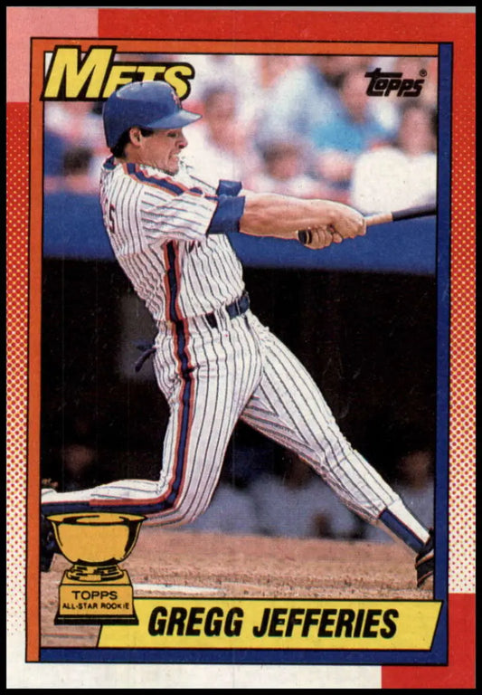 1990 Topps Baseball Card of Gregg Jefferies Mid-Swing for New York Mets