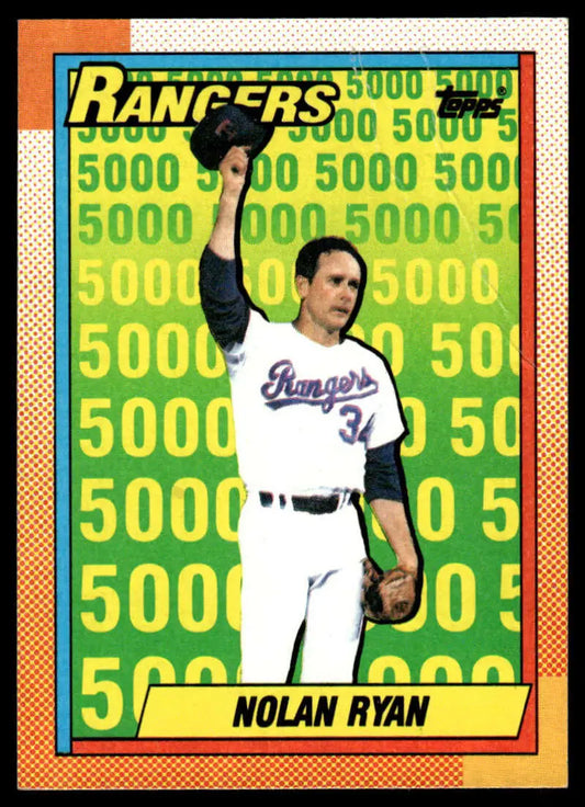 Baseball card of Nolan Ryan in Texas Rangers uniform with green background