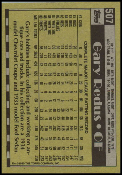 1990 Topps #507 Gary Redus Pittsburgh Pirates Baseball Card with player stats on dark background