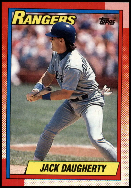 1990 Topps baseball card of Jack Daugherty in batting stance for Texas Rangers