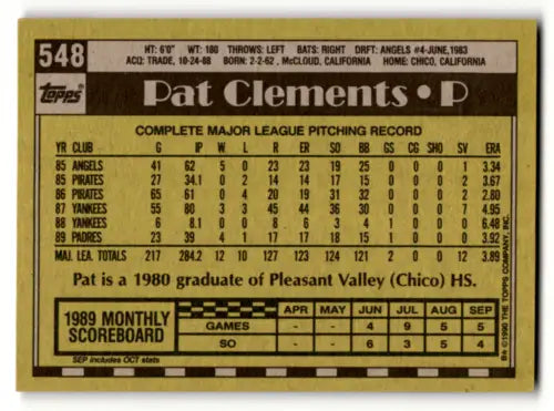 Back of 1990 Topps #548 Pat Clements baseball card featuring original gloss and Padres logo