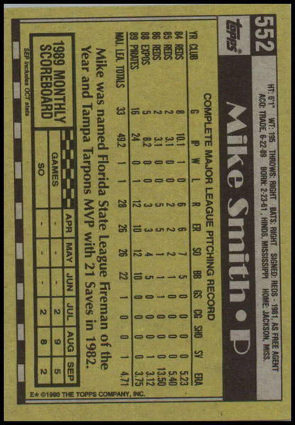 Back of 1990 Topps #552 Mike Smith Baseball Card showing Pittsburgh Pirates stats