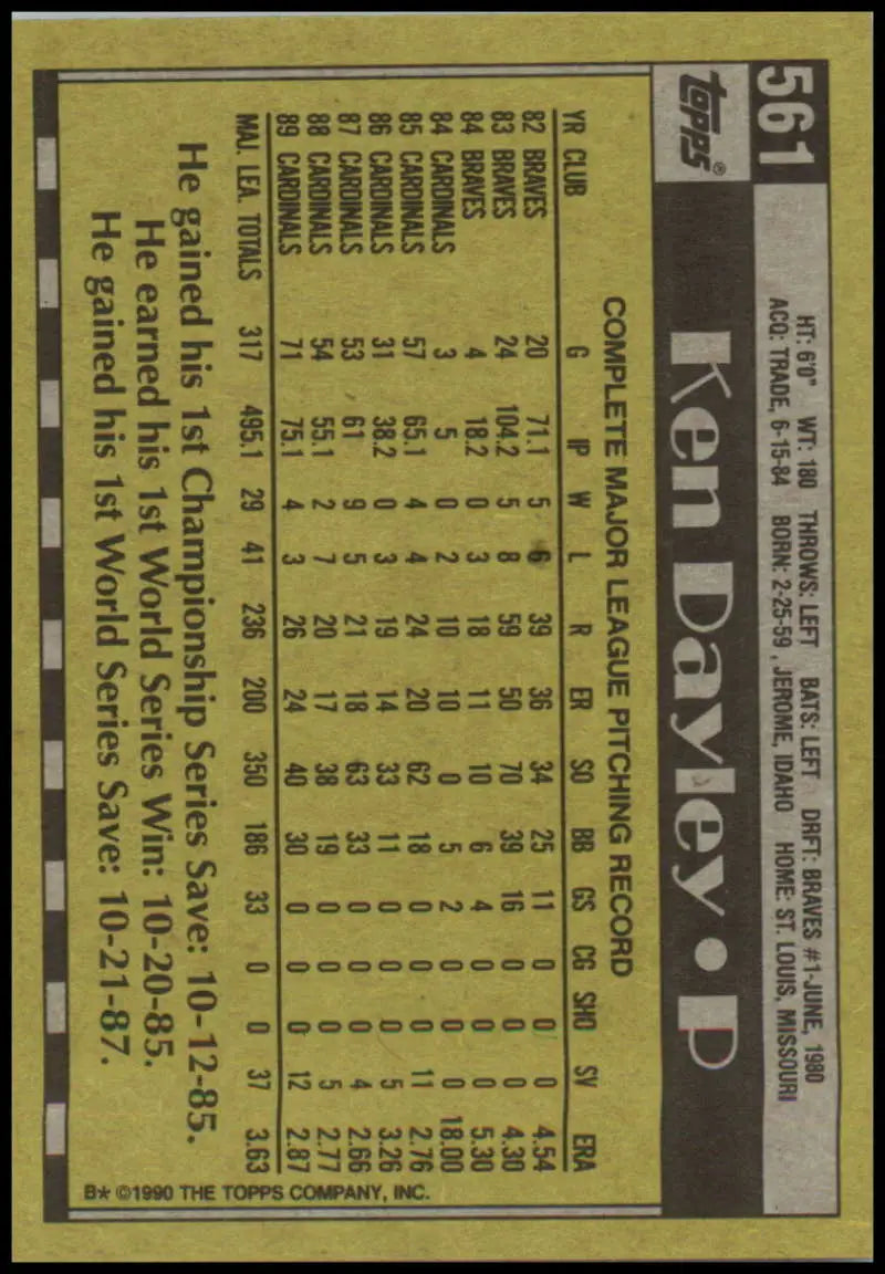 1990 Topps #561 Ken Dayley baseball card showcasing St. Louis Cardinals player stats