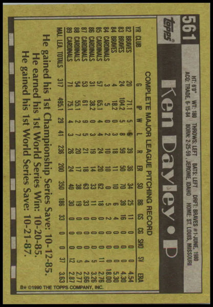 1990 Topps #561 Ken Dayley baseball card showcasing St. Louis Cardinals player stats