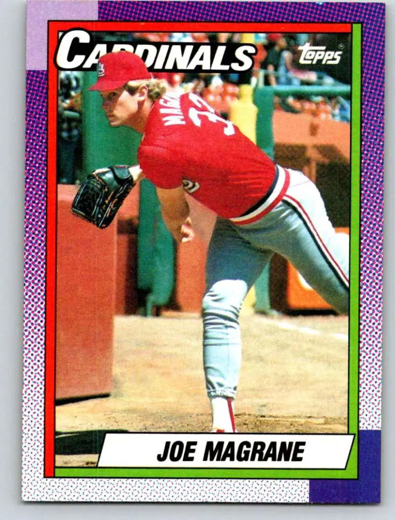 Joe Magrane mid-delivery in red uniform on 1990 Topps St. Louis Cardinals Baseball Card