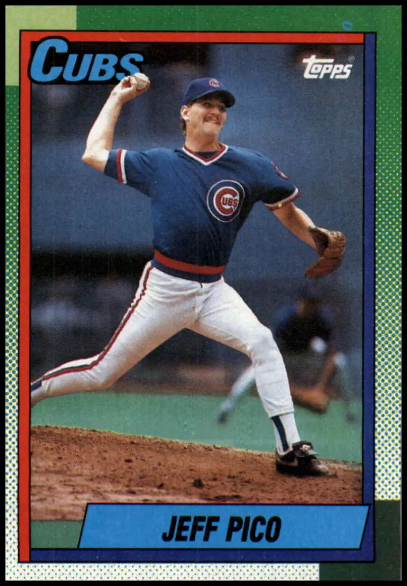 Jeff Pico mid-delivery in Chicago Cubs uniform on 1990 Topps baseball card