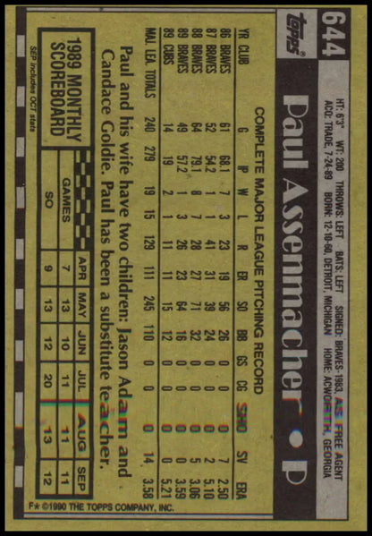 Back of 1990 Topps #644 Paul Assenmacher Baseball Card showcasing Chicago Cubs stats