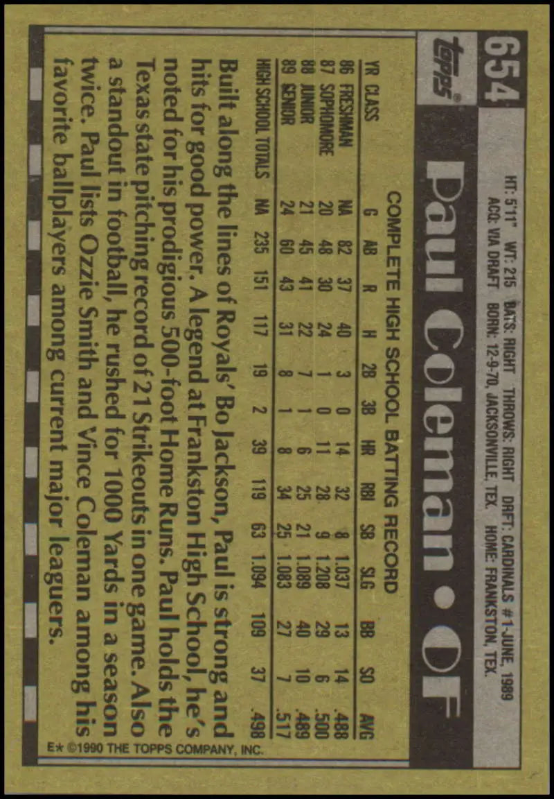 Back of 1990 Topps #654 Paul Coleman FDP card with player stats and biography