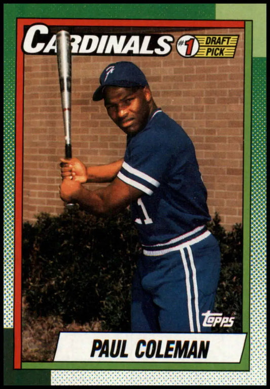 Baseball card of Paul Coleman in Cardinals warm-up uniform holding a bat